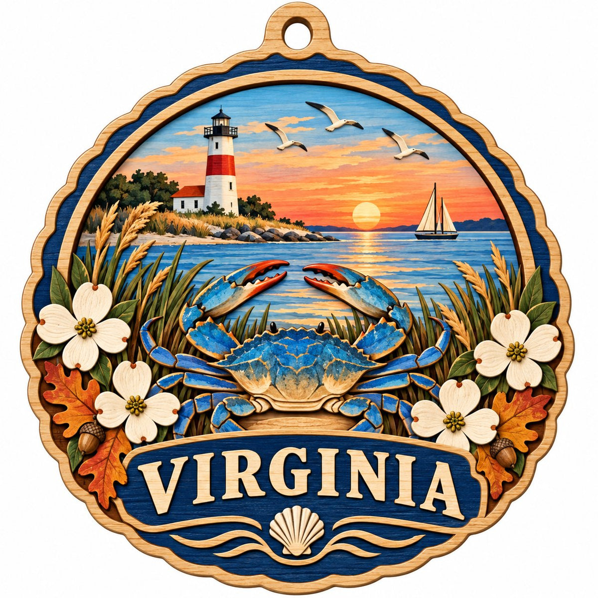 Scalloped wood ornament with blue crab, dogwood, lighthouse, sailboat, seagulls, and sunset over water with Virginia ban
