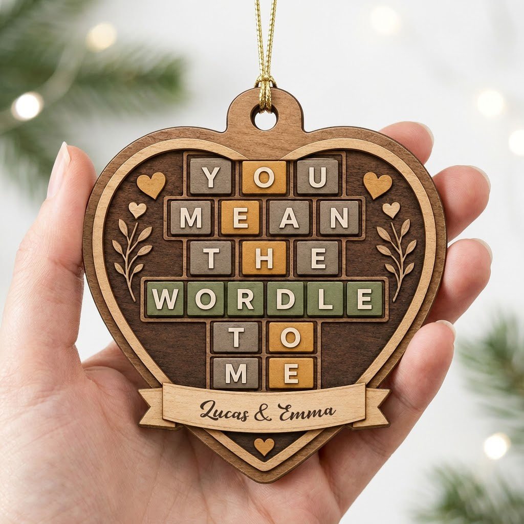 Heart-shaped wood ornament with Wordle-style tiles reading You Mean The Wordle To Me and names on a bottom banner.