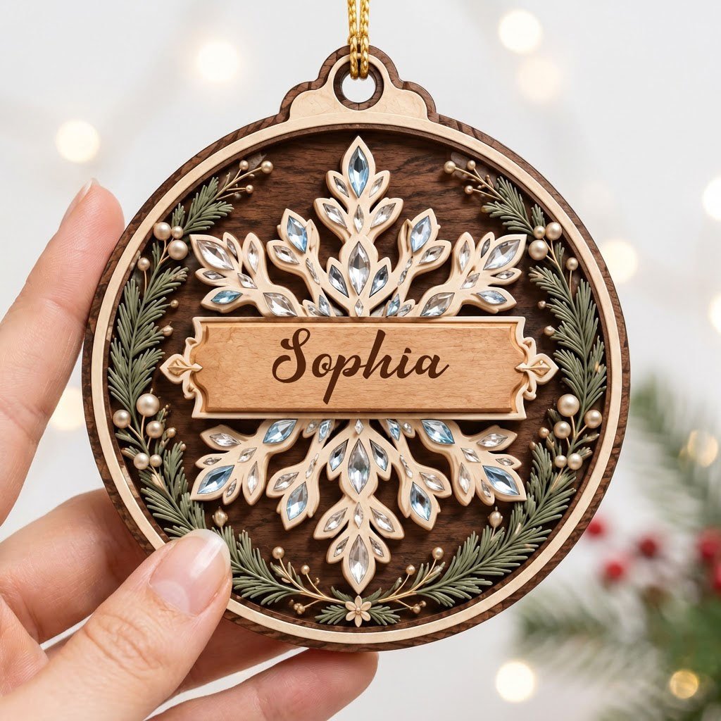 Round wood ornament with a snowflake, gemstone accents, pine sprigs, and a banner personalized with a name.