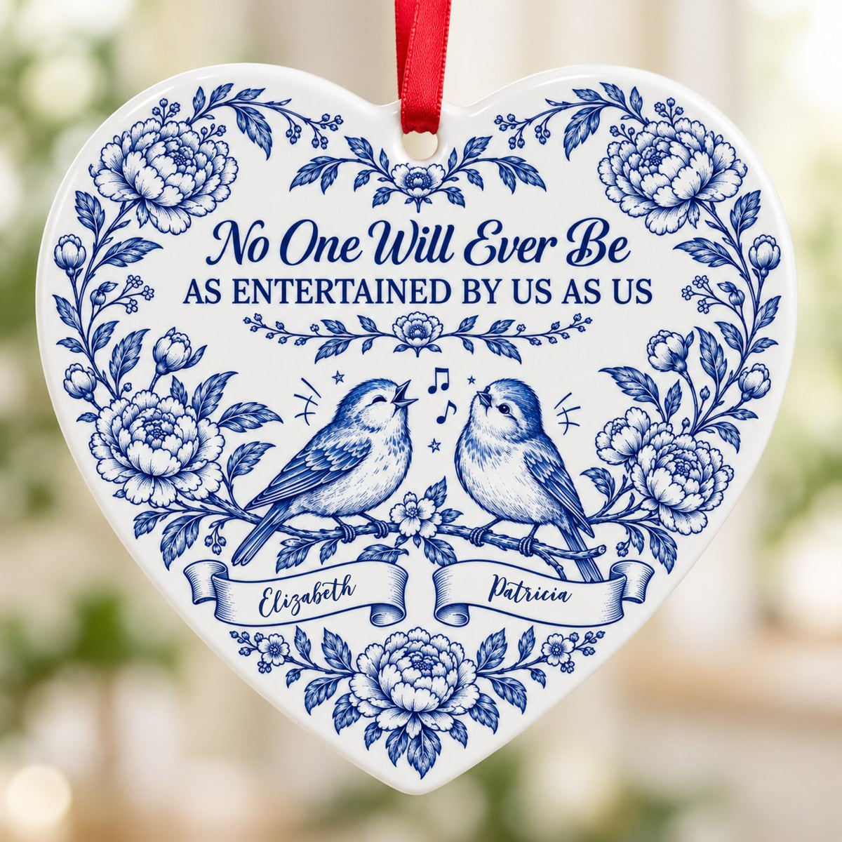 Heart ceramic ornament with Delft blue peonies, two birds on a branch, and a friendship quote in cobalt blue.