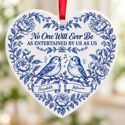 Heart ceramic ornament with Delft blue peonies, two birds on a branch, and a friendship quote in cobalt blue.