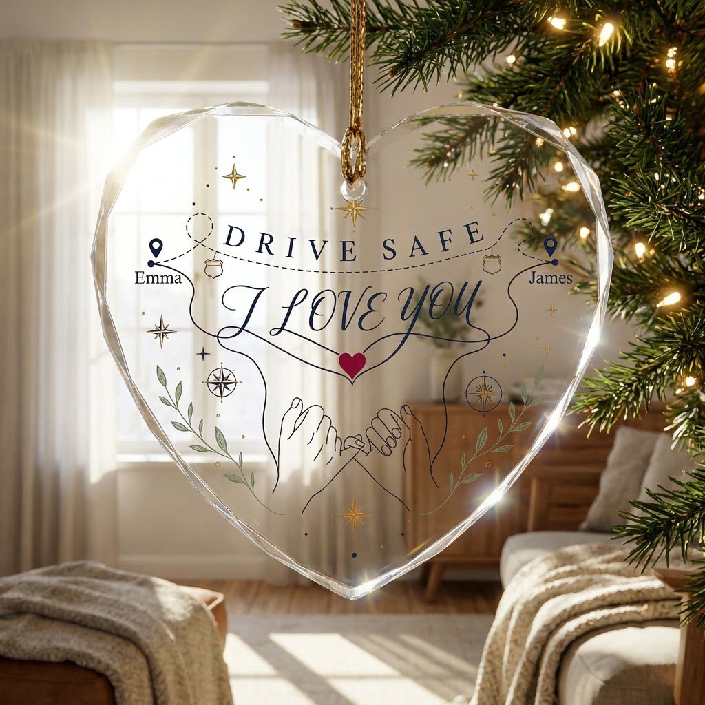 Heart glass ornament showing pinky promise hands, map pins, compass roses, green sprigs, and DRIVE SAFE and I LOVE YOU.