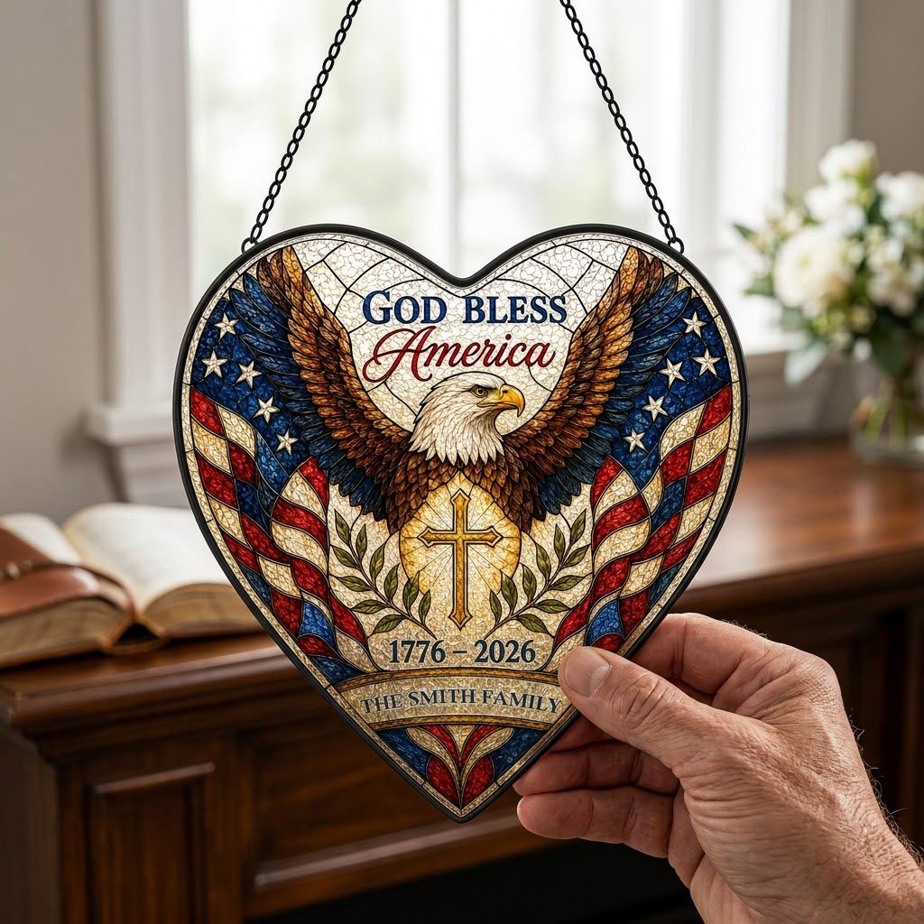 Heart-shaped stained glass suncatcher with a bald eagle over a golden cross and American flag border.