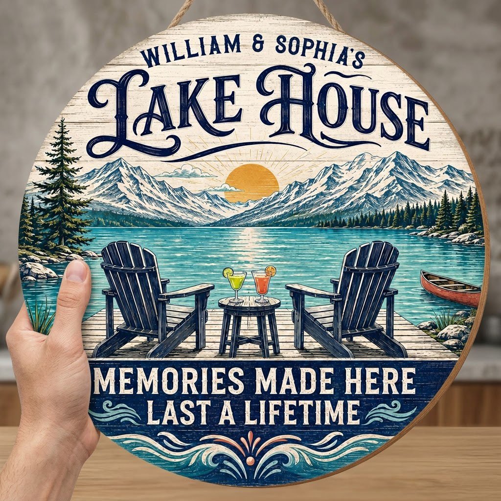 Personalized Lake House Memories Round Wooden Hanging Sign