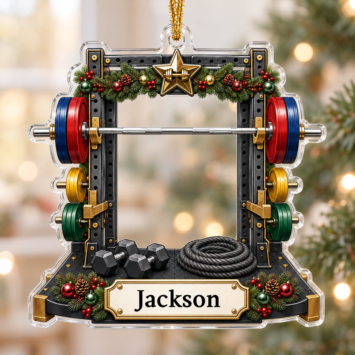 A squat rack-shaped acrylic ornament with garland, barbell, dumbbells, and a photo cutout above a name plaque.
