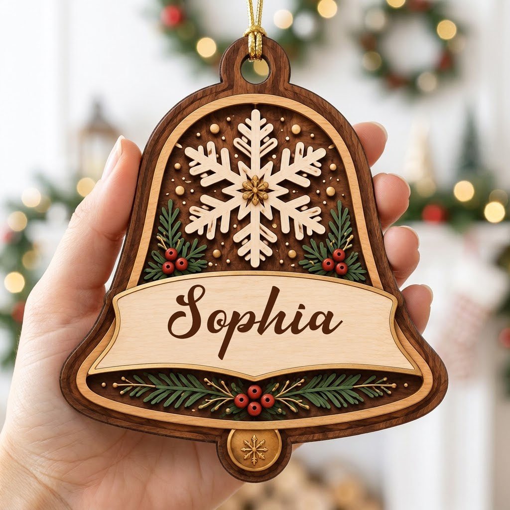 Personalized wooden bell ornament with snowflake, pine sprigs, red berries, and a name on the center banner.