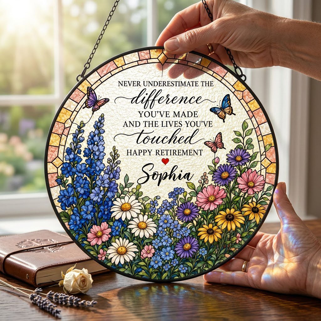 Personalized Retirement Wildflower Garden Never Underestimate The Difference Happy Retirement Stained Glass Round Suncatcher