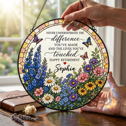 Personalized Retirement Wildflower Garden Never Underestimate The Difference Happy Retirement Stained Glass Round Suncatcher