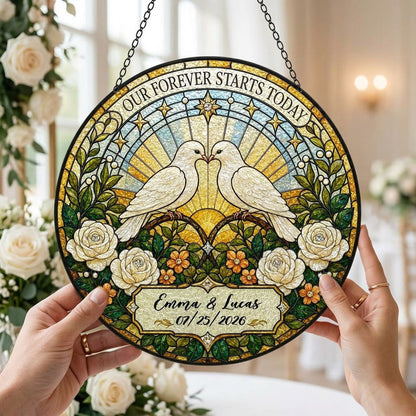 Personalized Wedding Doves Our Forever Starts Today Floral Stained Glass Round Suncatcher