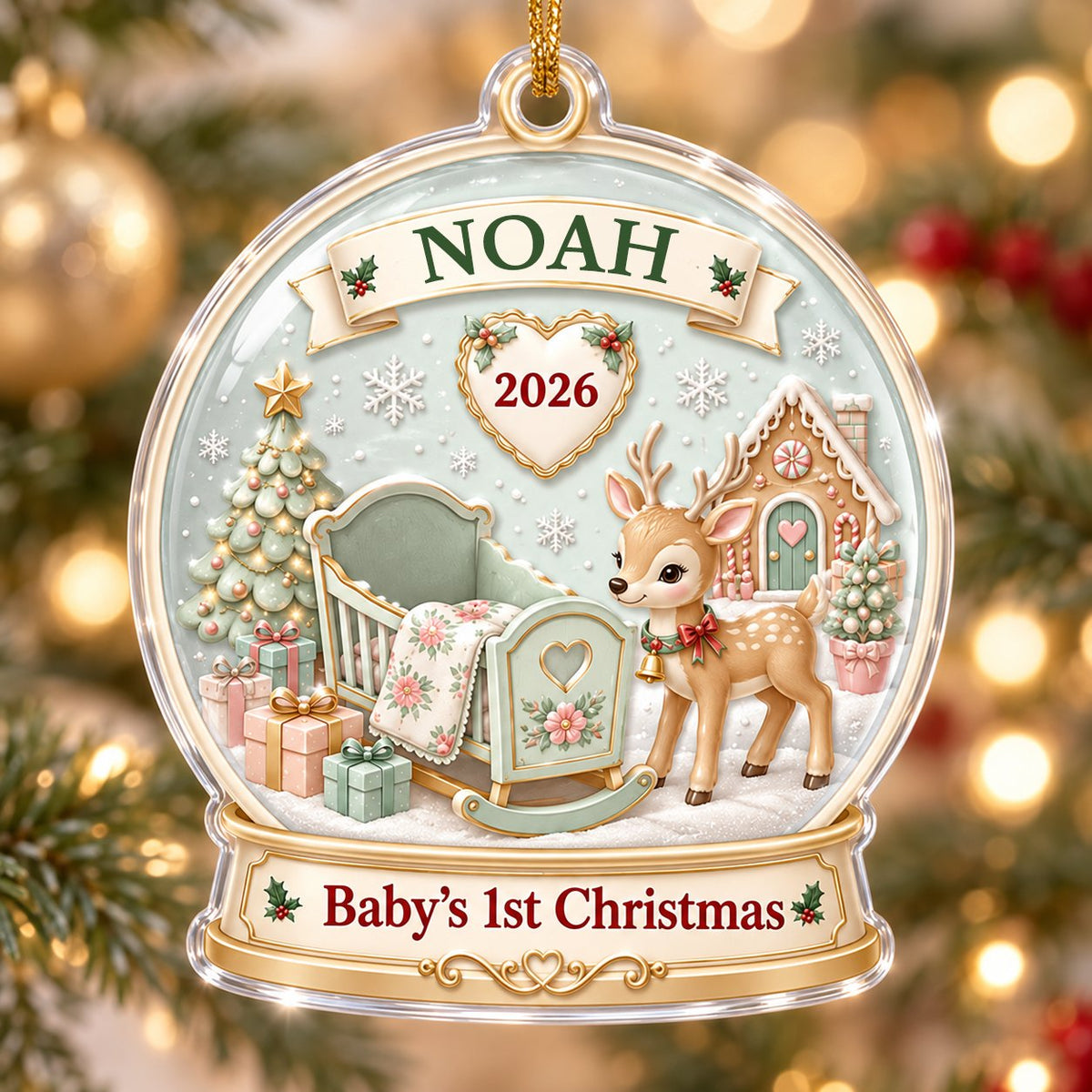 Acrylic snowglobe ornament with Baby's 1st Christmas, fawn with red bow, cradle, tree, gifts and gingerbread house