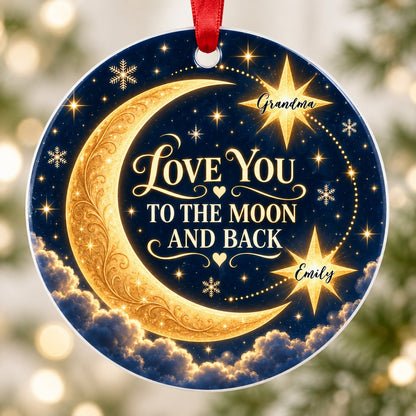Round ceramic ornament with golden crescent moon, navy sky, stars, and 'LOVE YOU TO THE MOON AND BACK'.