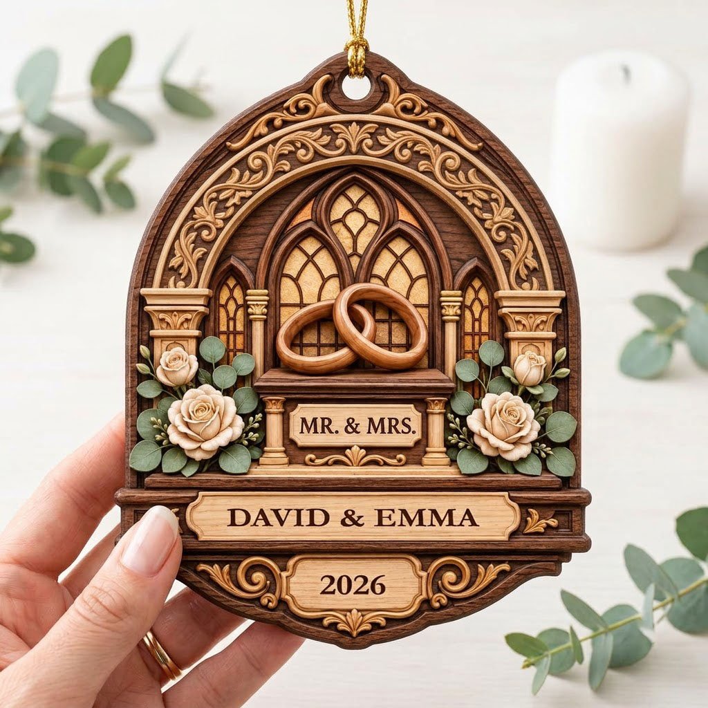 Arch-shaped wood ornament with window frame, wedding rings, roses, personalized with names and year.