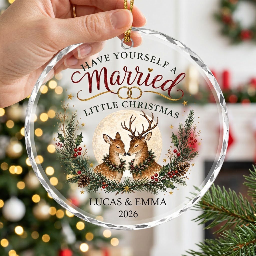 Personalized Have Yourself A Married Little Christmas Deer Round Glass Ornament