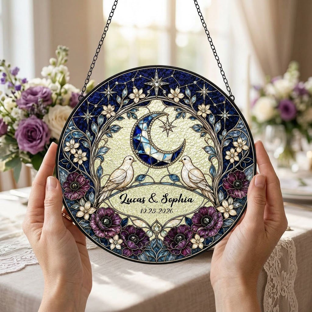 Personalized Celestial Doves & Crescent Moon Purple Floral Stained Glass Round Suncatcher