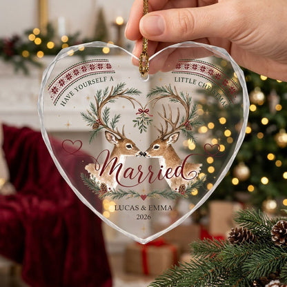 Personalized Married Deer Mistletoe Heart Glass Ornament