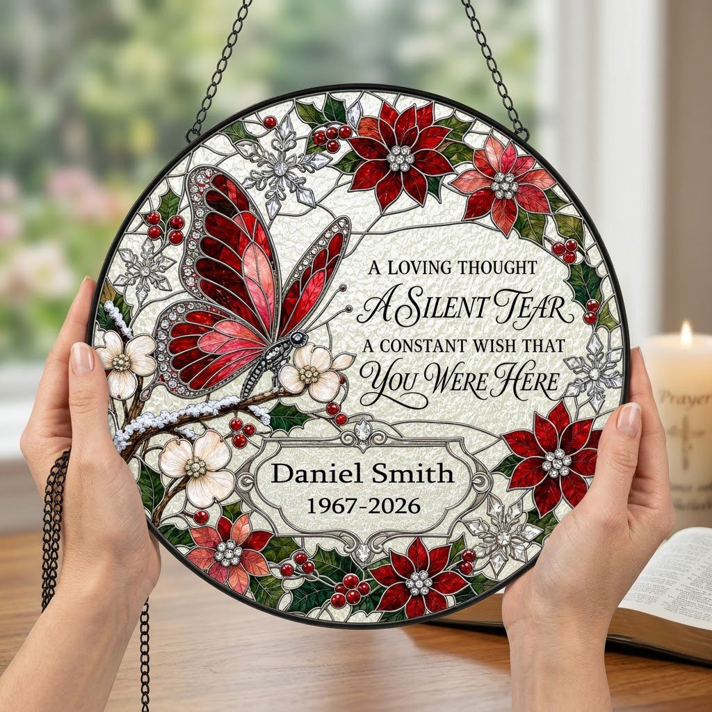 Personalized Red Butterfly Poinsettia A Silent Tear Memorial Stained Glass Round Suncatcher