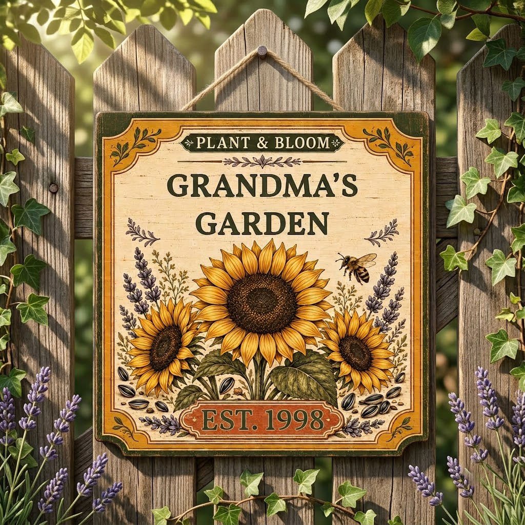 Square bracketed wooden sign with three sunflowers, lavender, a honeybee, and “Plant & Bloom” and “Grandma’s Garden” tex