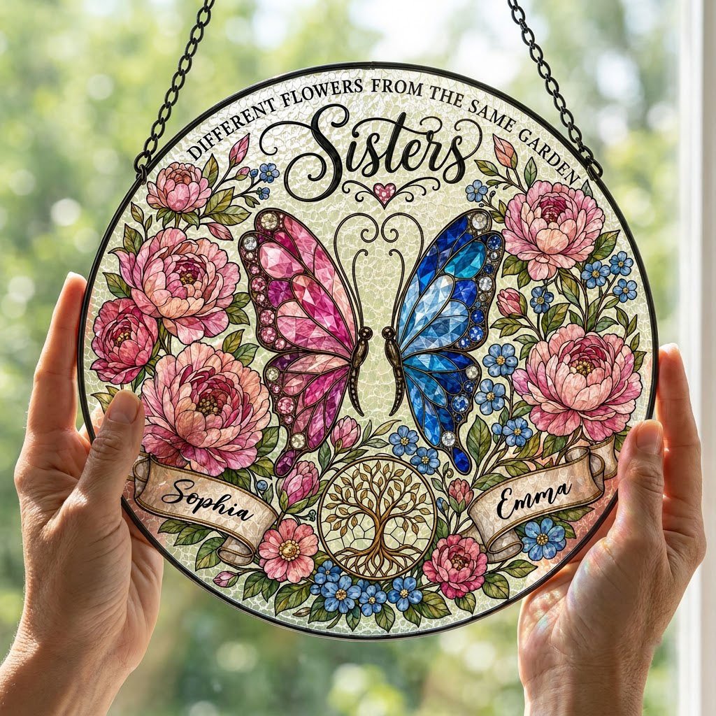 Round suncatcher with pink and blue butterfly, peony wreath, Tree of Life, and Sisters text with two name ribbons.