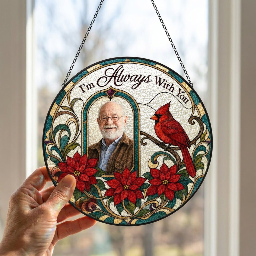 Round stained-glass style suncatcher with arched photo window, red cardinal, three red poinsettias and the words I'm Alw