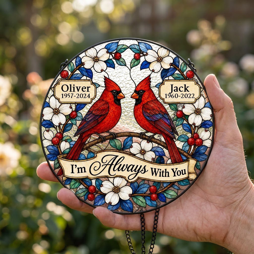 Round suncatcher with two red cardinals on a branch, dogwood flowers, a scroll banner and two name plaques.