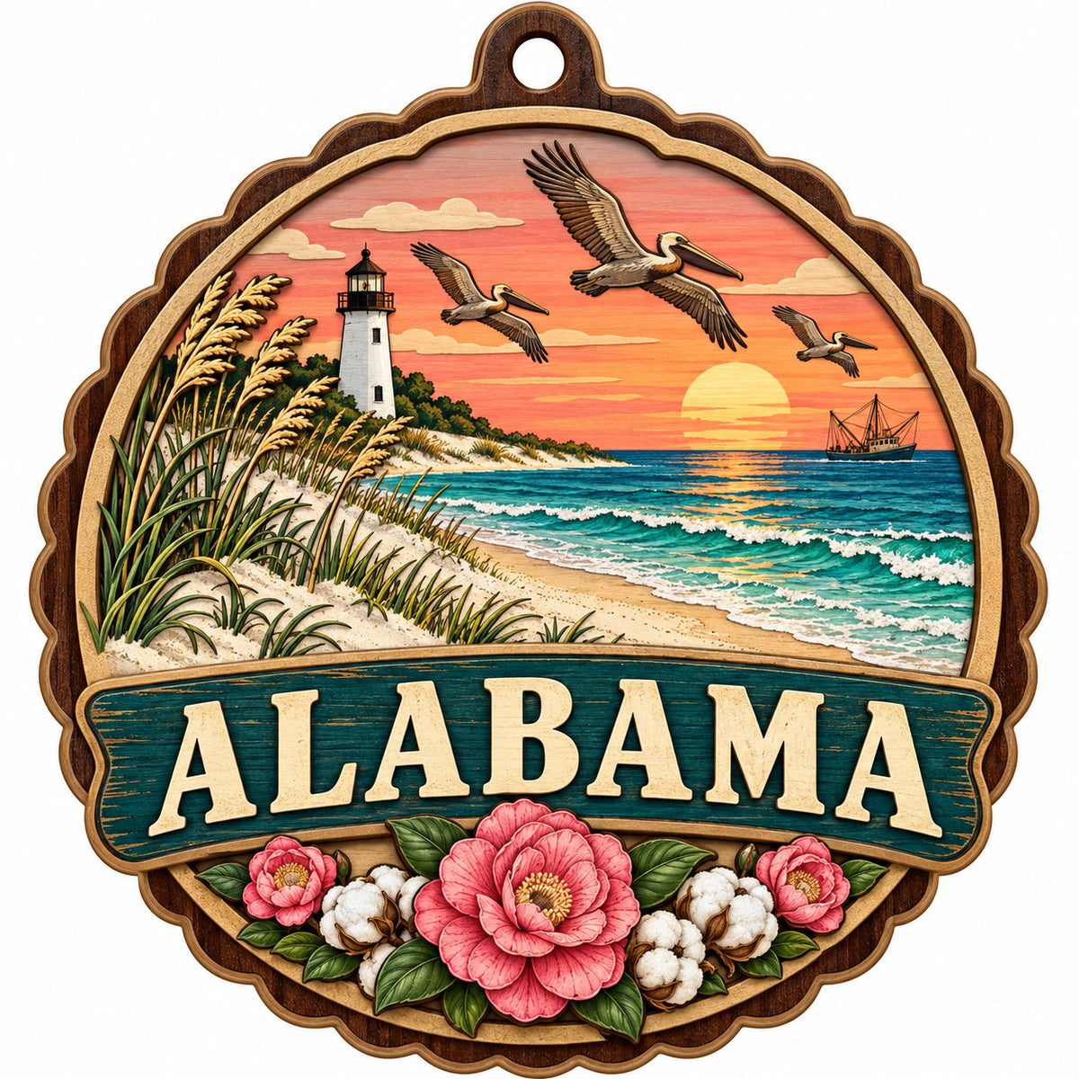 Scalloped wood ornament of an Alabama coastal scene with lighthouse, pelicans, camellias, cotton, and teal banner