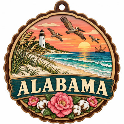 Scalloped wood ornament of an Alabama coastal scene with lighthouse, pelicans, camellias, cotton, and teal banner