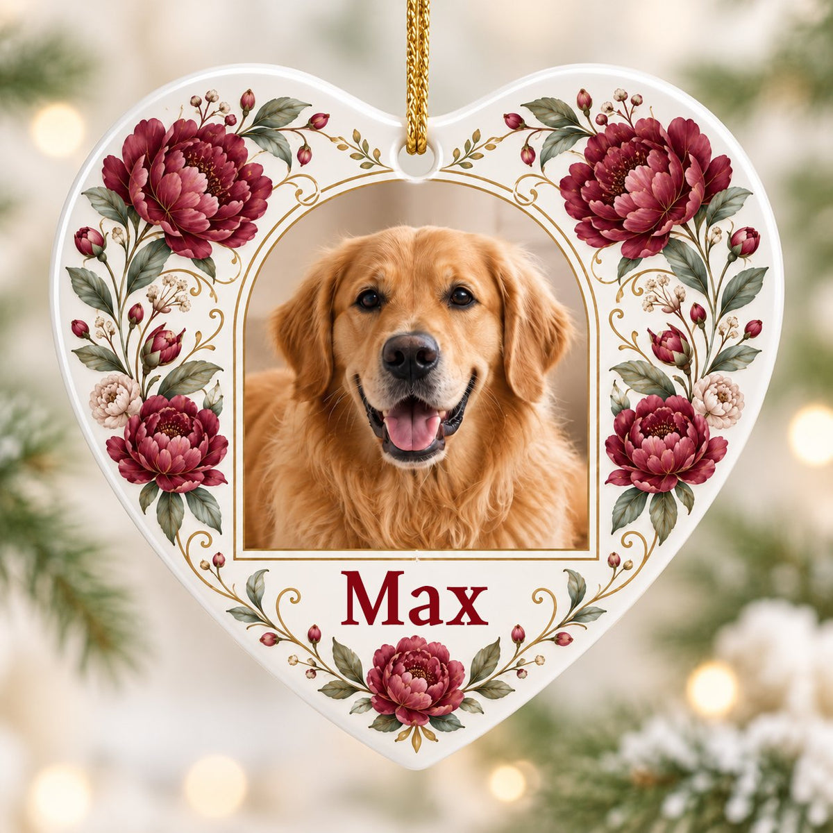 Heart ceramic ornament with red peonies, green leaves, gold flourishes, and a gold arched frame holding a dog photo.