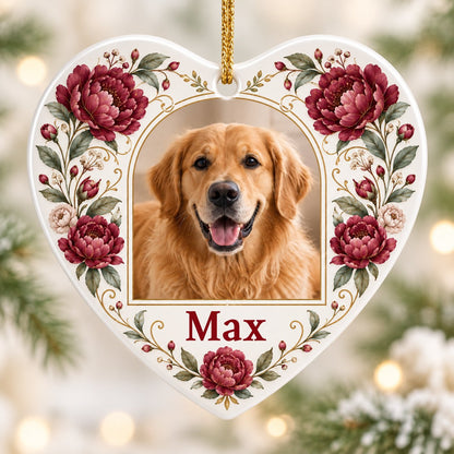 Heart ceramic ornament with red peonies, green leaves, gold flourishes, and a gold arched frame holding a dog photo.