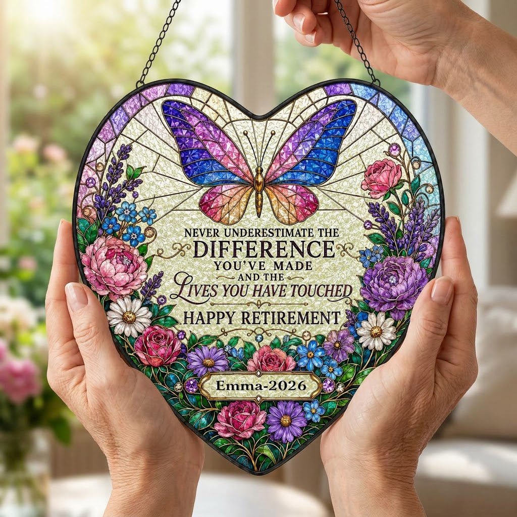 Personalized Butterfly Floral Never Underestimate The Difference Happy Retirement Heart Stained Glass Suncatcher