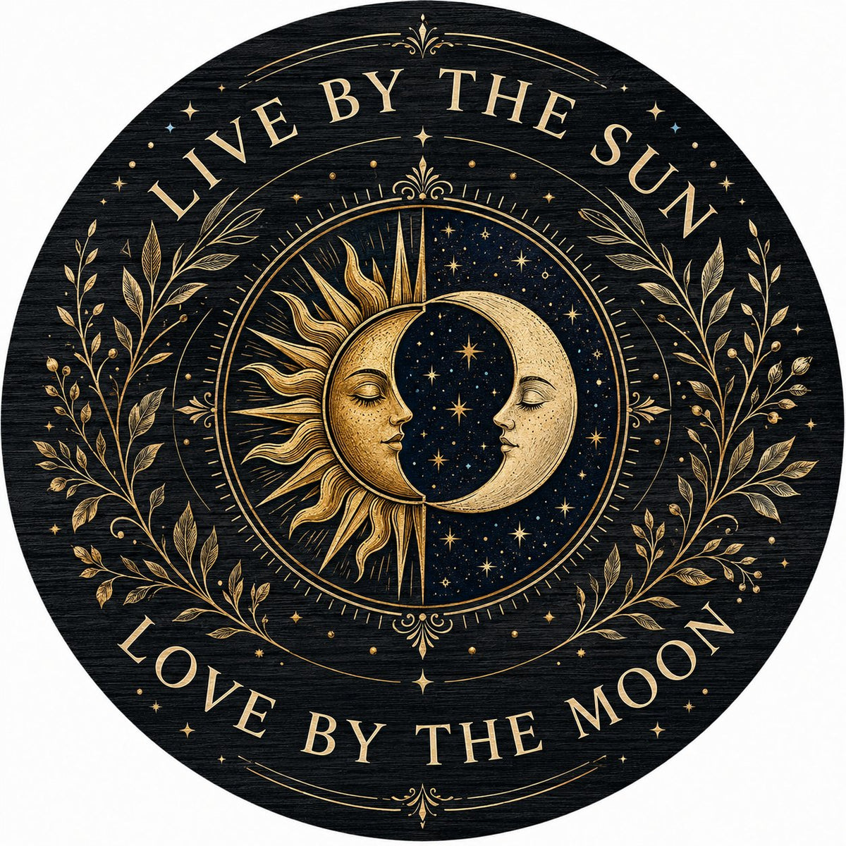 Round wooden sign with gold sun and crescent moon faces and the words “Live By The Sun, Love By The Moon”.