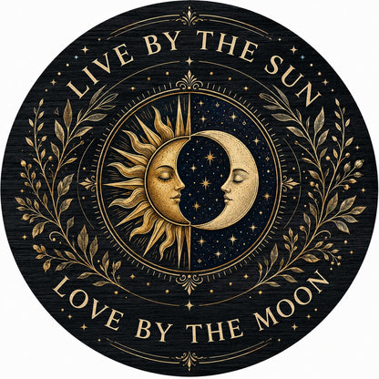 Round wooden sign with gold sun and crescent moon faces and the words “Live By The Sun, Love By The Moon”.