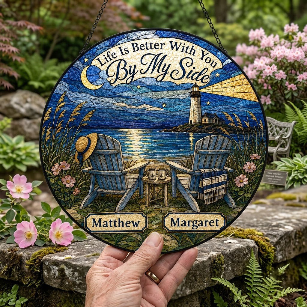 Round stained glass–style suncatcher with two blue Adirondack chairs by water and a lighthouse at night.