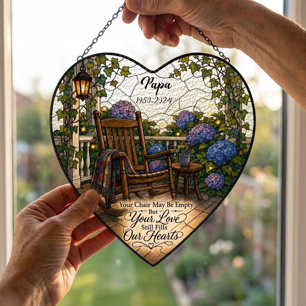 Heart stained glass suncatcher with empty porch rocking chair, lantern, ivy, and purple and blue hydrangea bushes.
