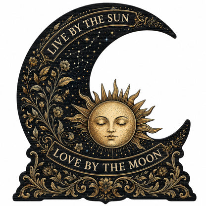 Crescent moon and sleeping sun wooden sign with gold constellations and words Live by the Sun, Love by the Moon.