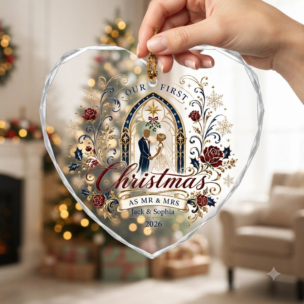 Personalized Our First Christmas as Mr & Mrs Wedding Heart Glass Ornament