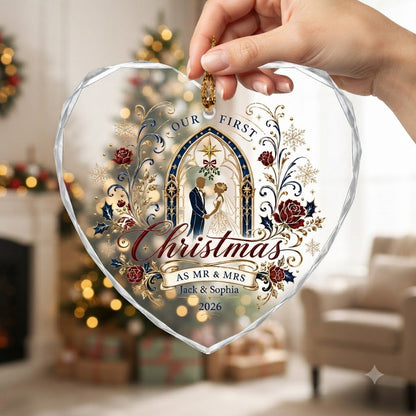 Personalized Our First Christmas as Mr & Mrs Wedding Heart Glass Ornament