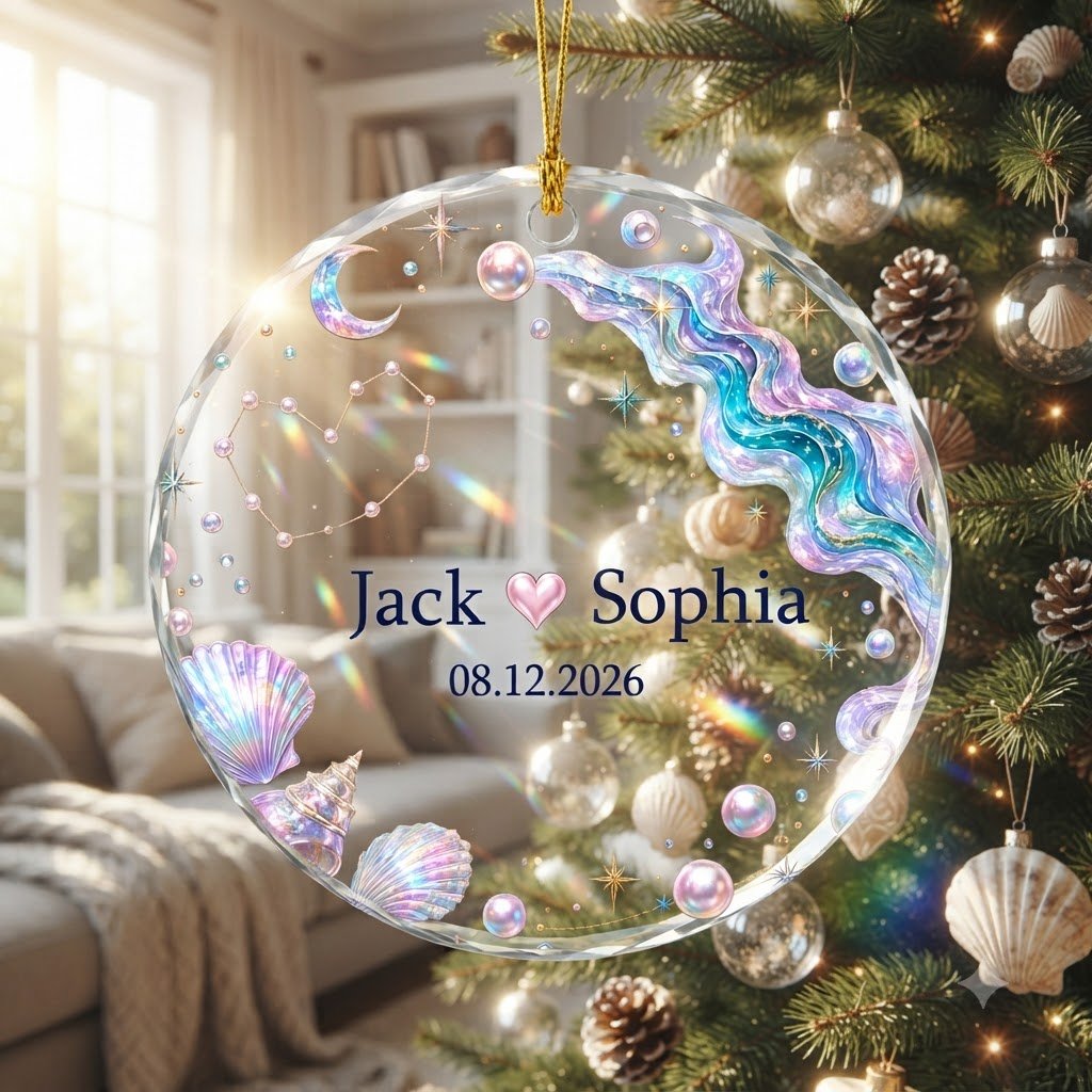 Round glass ornament with iridescent seashells, pearls, crescent moon, and a heart constellation with names and date.