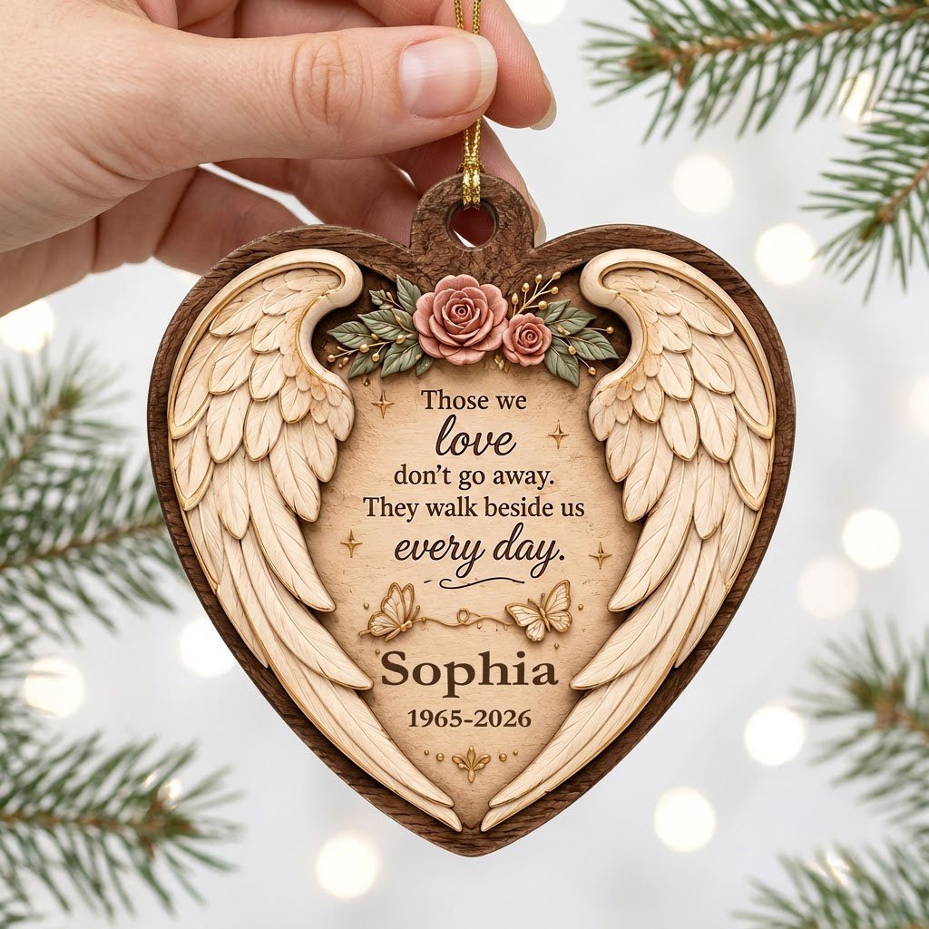 Heart-shaped wood ornament with angel wings, pink roses, butterflies, and a memorial quote with name and dates.