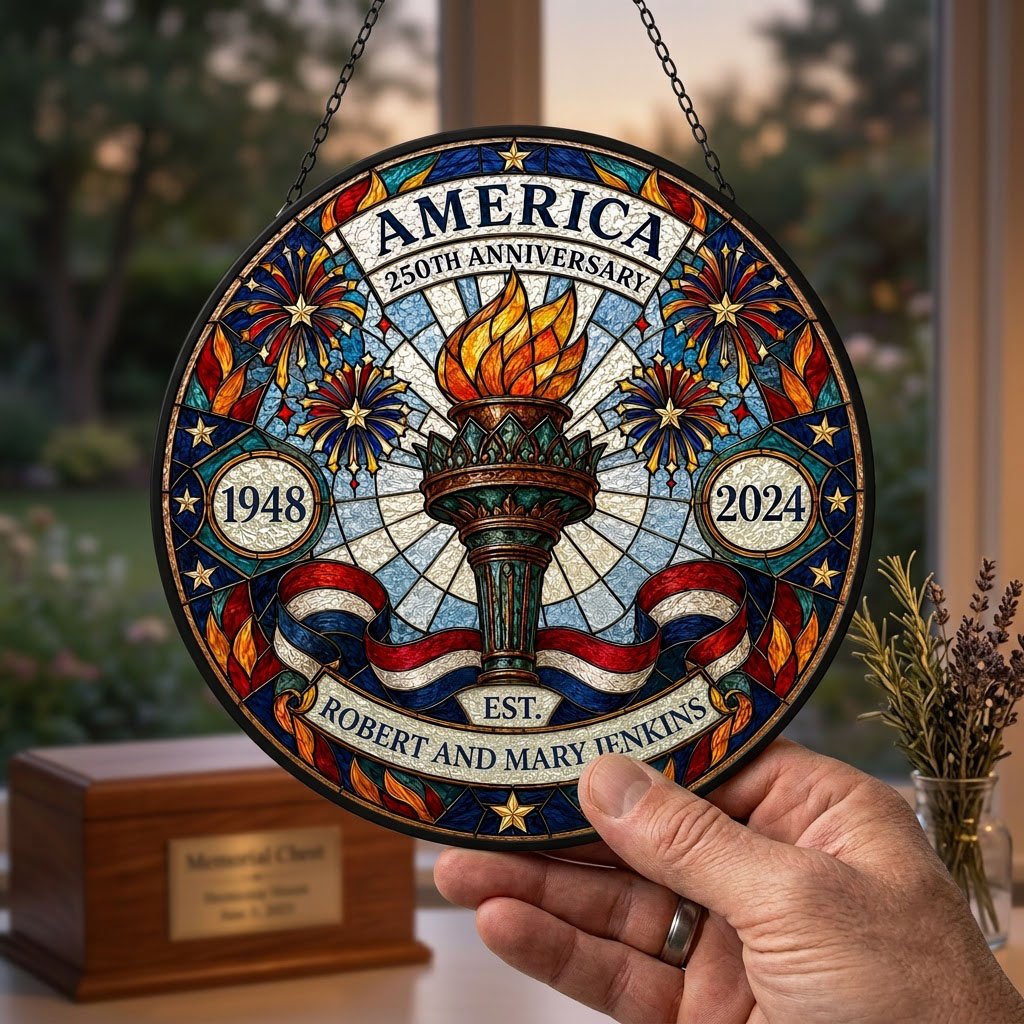 Round stained glass suncatcher with a central torch, fireworks, stars, and a red, white and blue ribbon.