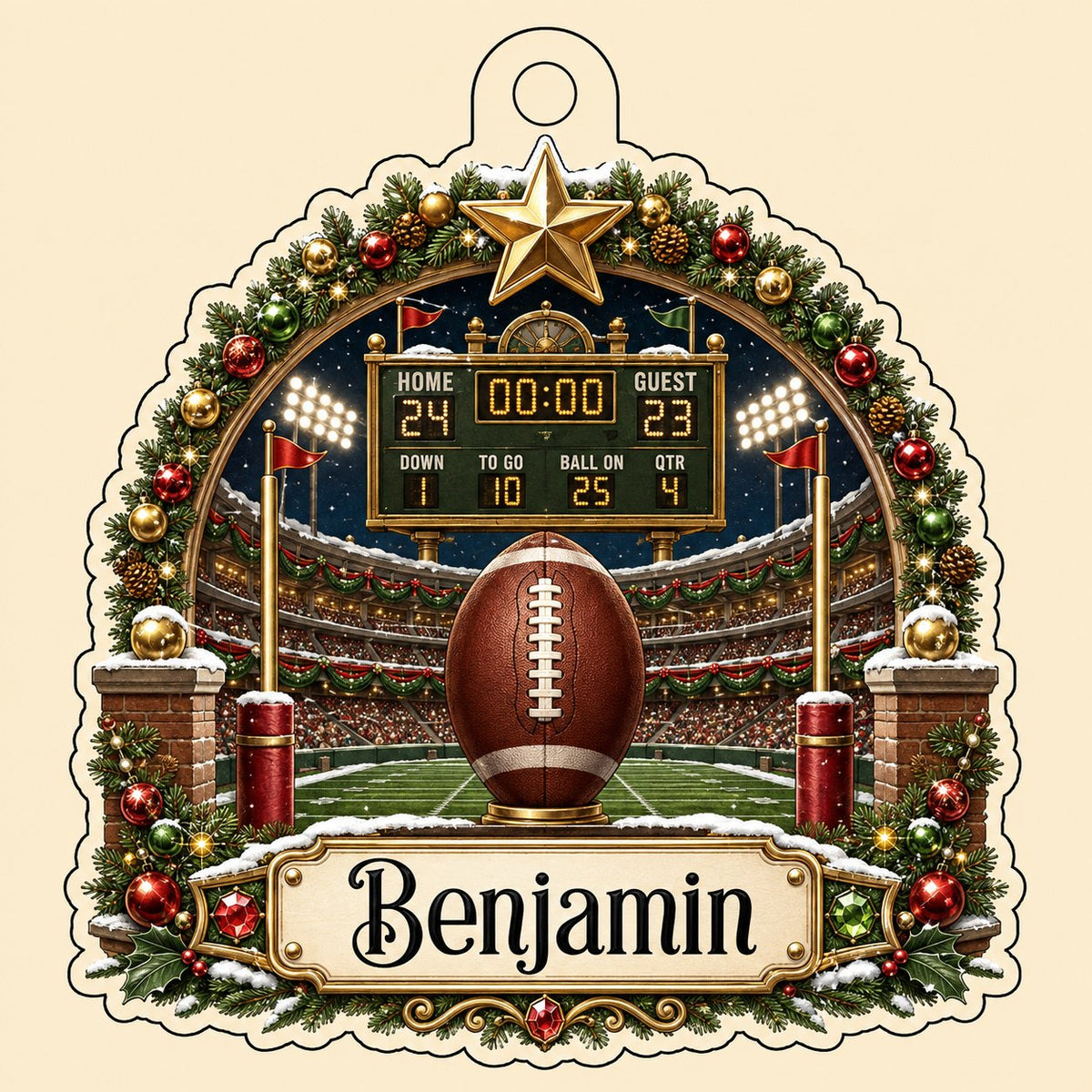 Acrylic ornament with football on a tee, stadium scoreboard, and pine garland border with a name banner.
