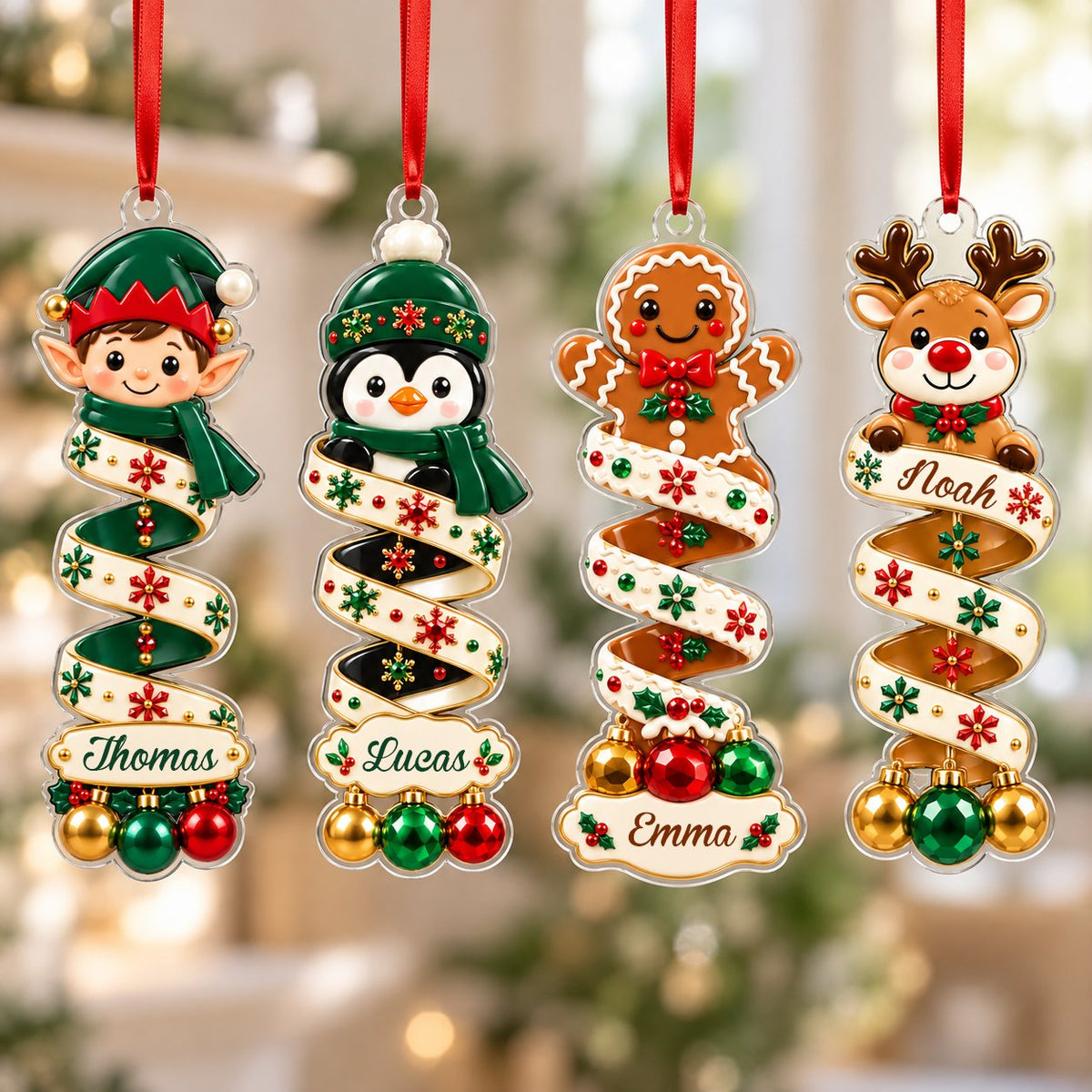 Clear acrylic ornament with elf or reindeer, spiral ribbon body and three dangling baubles, ready to hang on a Christmas