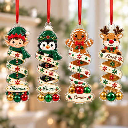 Clear acrylic ornament with elf or reindeer, spiral ribbon body and three dangling baubles, ready to hang on a Christmas