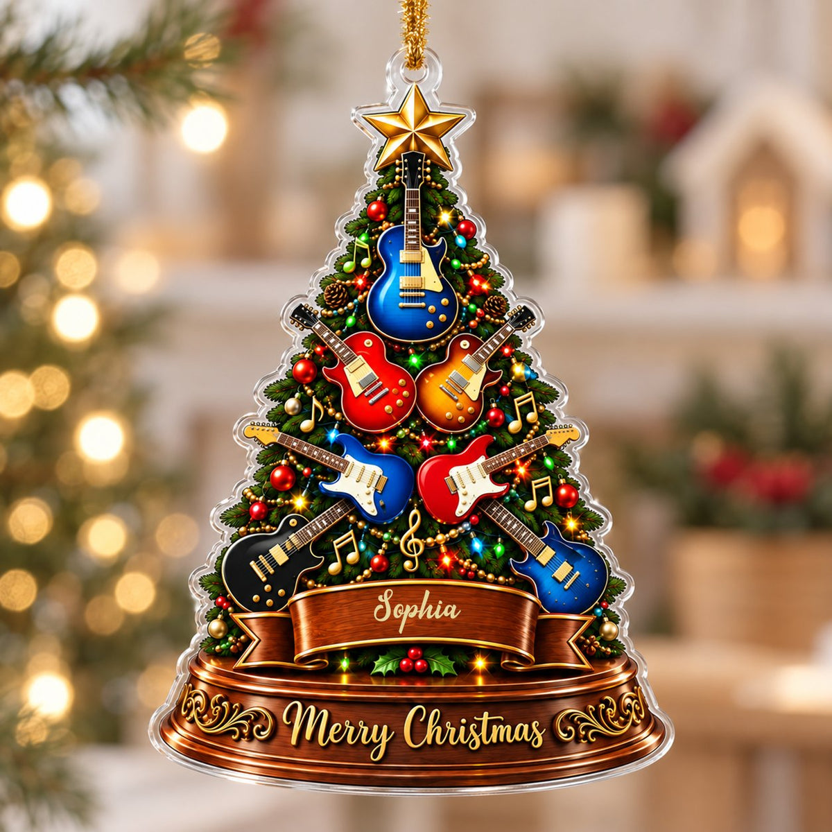 Green tree-shaped acrylic ornament with electric guitars, gold music notes, a name banner, and a gold star topper.