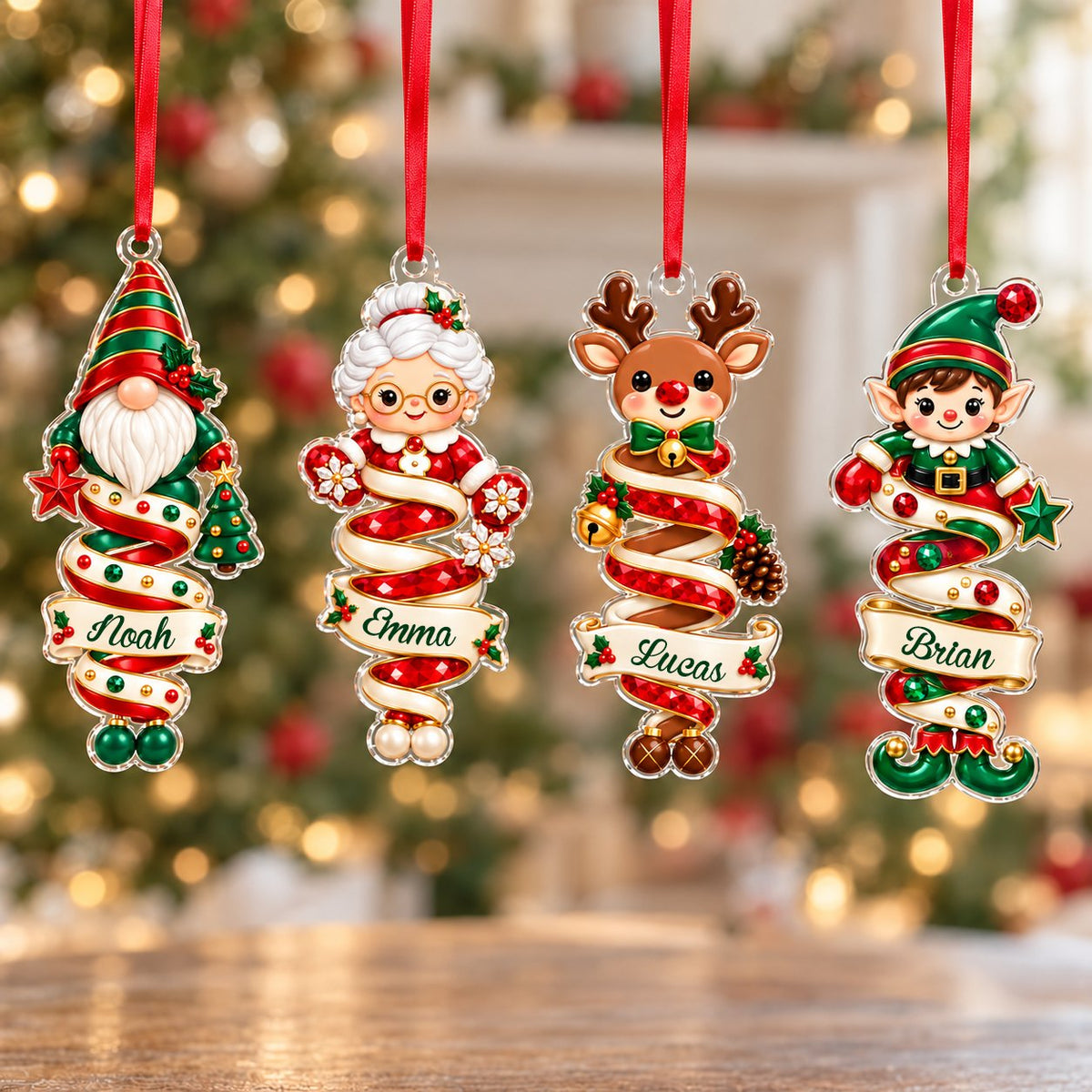 Clear acrylic ornaments shaped like a Christmas gnome and elf in red and green, each personalized with a name.