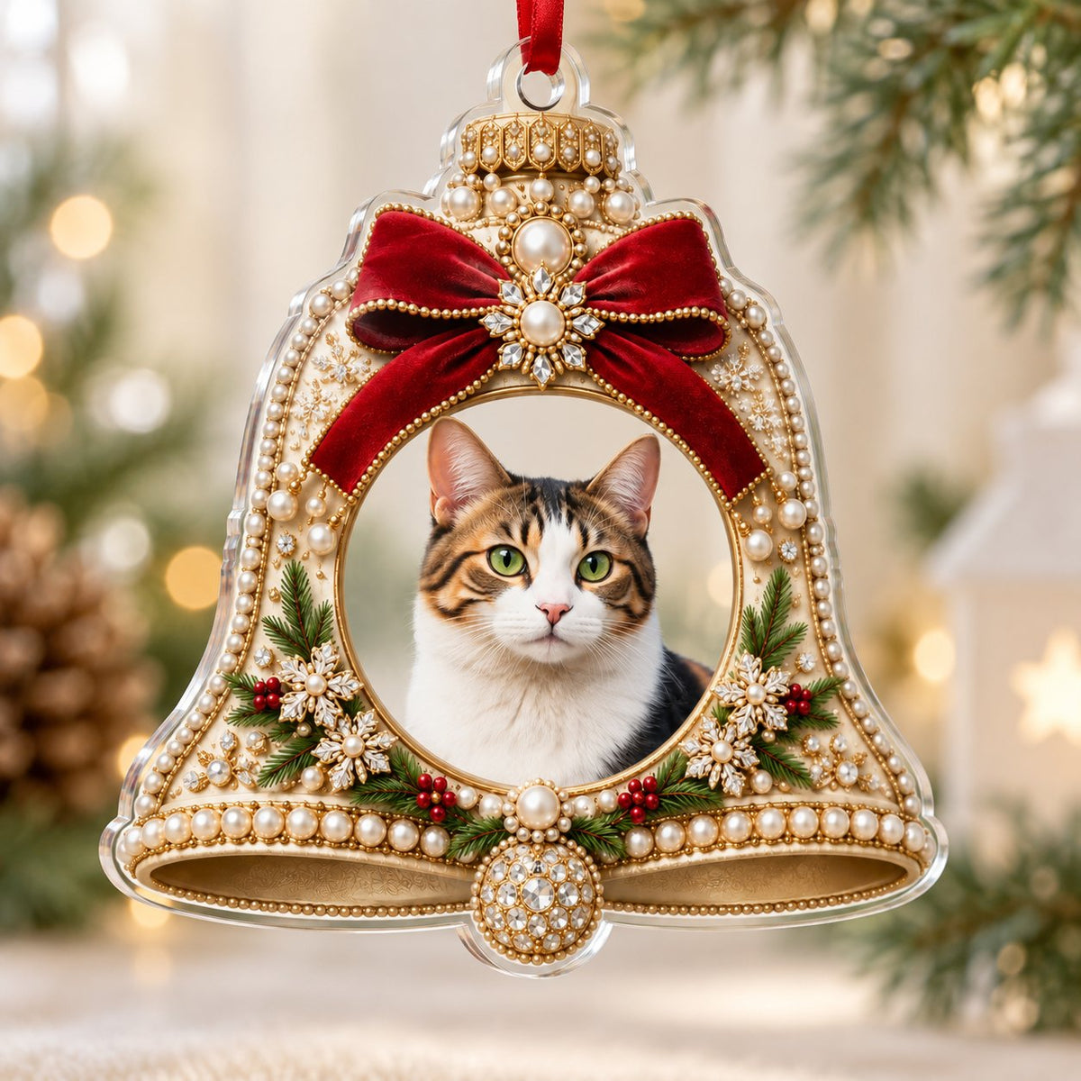 Bell-shaped acrylic ornament with red velvet bow, pearl and gold accents, and a central circular photo frame.