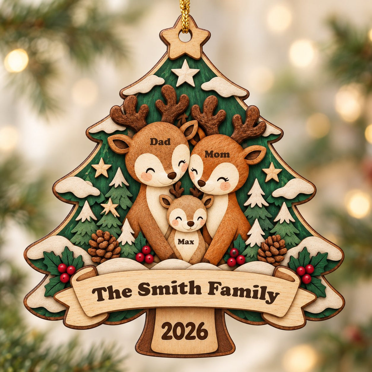 Tree-shaped wood ornament with a deer family, star topper, holly, pinecones, and personalized names and year.