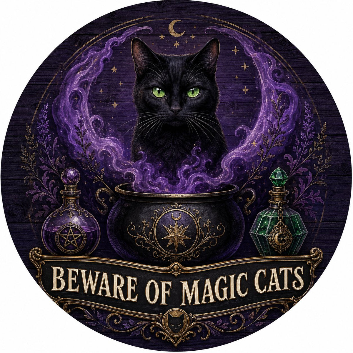 Round wooden sign with a black cat in purple smoke rising from a cauldron and the text BEWARE OF MAGIC CATS.
