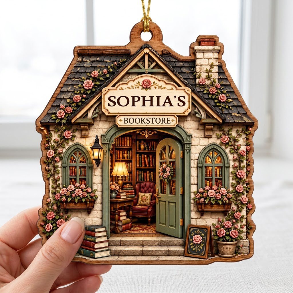 House-shaped wood ornament of a cozy bookstore with green door, rose vines, books, and a BOOKSTORE sign.