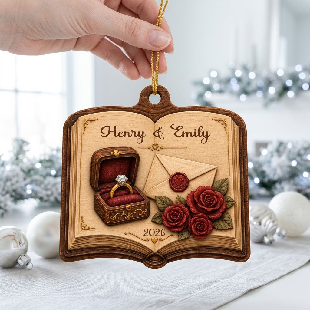 Open book wood ornament with a ring box, red roses, wax-sealed envelope, and custom names and year.