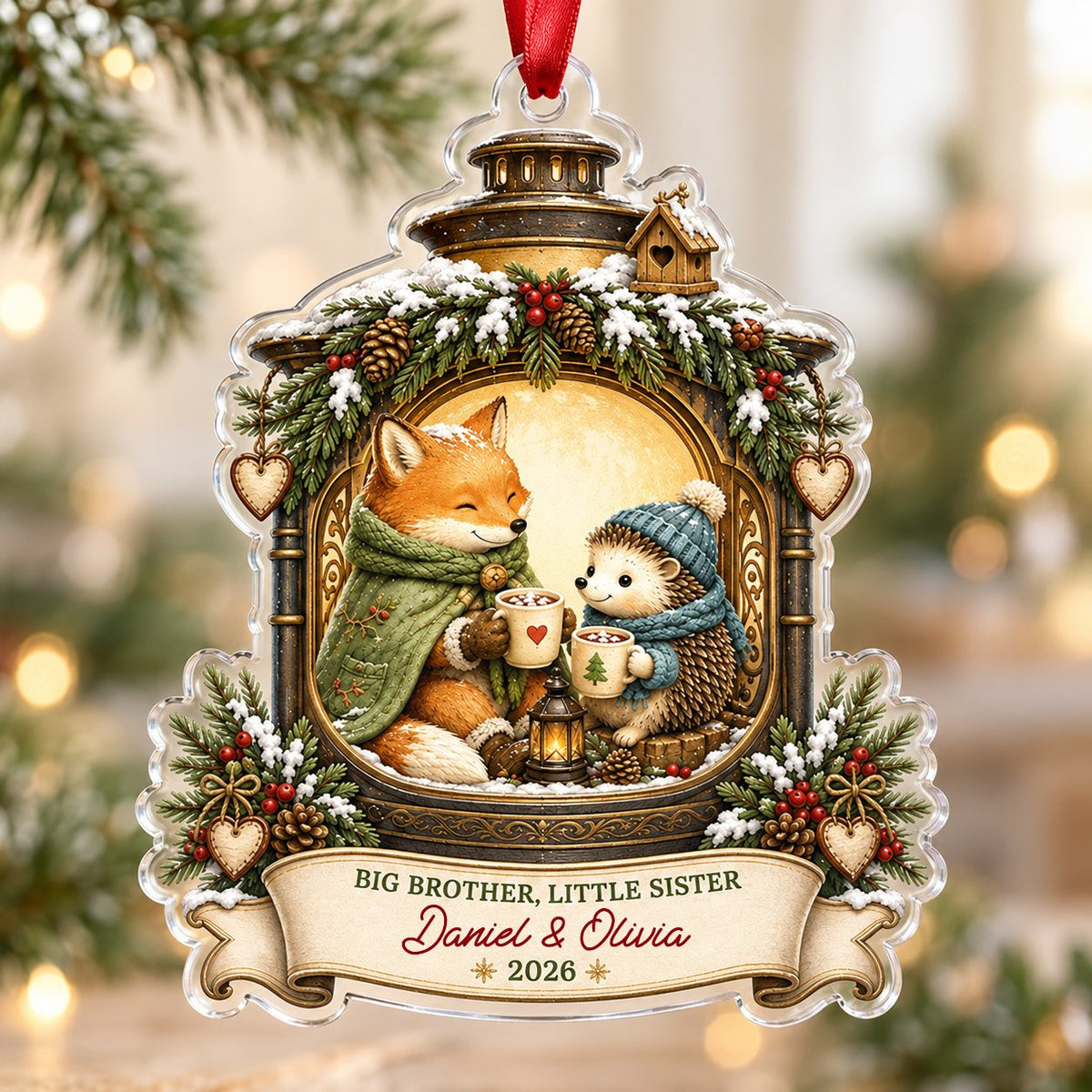 Acrylic ornament with lantern frame, fox and hedgehog with cocoa, 'BIG BROTHER, LITTLE SISTER', and names with year.